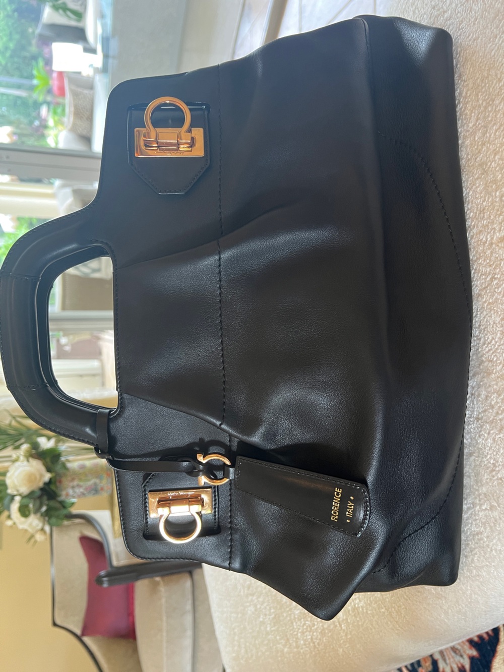 Black Leather Satchel with Gold Hardware